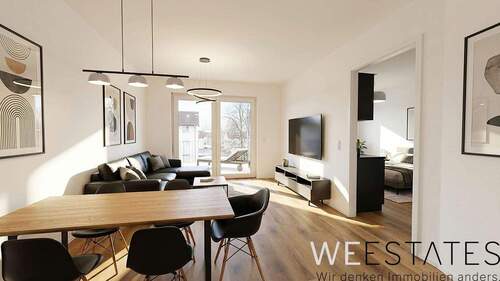 Wohn-und Esszimmer - Möblierungsbeispiel - Außergewöhnliche 2-Zimmer-Neubauwohnung mit Balkon und Tageslichtbad