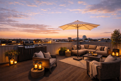 Dachterasse KI Abendstimmung - OVER THE TOP AM KURFÜRSTENDAMM mit 50 m² Rooftop-Terrasse