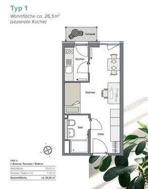 Typ 1_25,6 qm_1 Zi mit Terrasse_Balkon_separater K - 