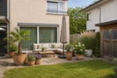Vorderer Garten mit Terrasse (virtually staged) - 5 Zimmer Doppelhaushälfte in Bad Schönborn