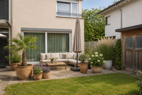 Vorderer Garten mit Terrasse (virtually staged) - 5 Zimmer Doppelhaushälfte in Bad Schönborn