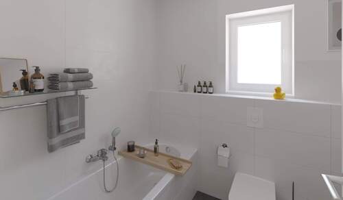 Modern gefliestes Familienbad mit Badewanne - 
