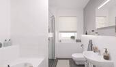 Ein modern gefliestes Badezimmer mit Badewanne und - 
