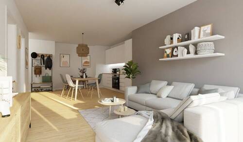 Visualisierung des Wohnzimmers der Eigentumswohnung - Offner und lichtdurchfluteter Wohnbereich