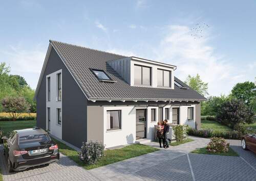 Doppelhaus Visualisierung mit Zufahrt und Eingang - 5 Zimmer Doppelhaushälfte in Neulingen