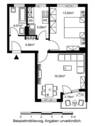 Grundriss mit Wohnzimmer (ca. 16,29 m²), Schlafzimmer (ca. 13 m²), Bad (ca. 4 m²), Küche (ca. 5 m²), Flur (ca. 4,68 m²) und Loggia (ca. 3,8 m²) - 