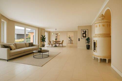 Visualisierung Wohnbereich mit teilsepariertem Essbereich und Kamin - 4 Zimmer Etagenwohnung in Schluchsee