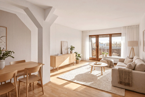 Wohnzimmer mit Balkon (Möbel visualisiert) - Dachgeschosswohnung mit Balkon - sofort bezugsfrei