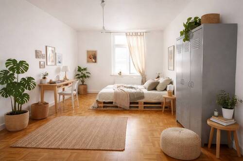 Schlafzimmer KI-Visualisierung - 2 Zimmer Etagenwohnung zur Miete in Frankfurt am Main