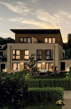 Außenansicht Gartenseite Abend Pultdach - Doppelhaushälfte mit 130,50 m&sup2; in Marktheidenfeld zum Kaufen