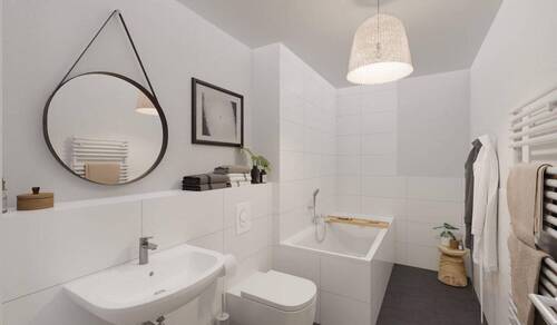 Modern gefliestes Bad mit Badewanne - Etagenwohnung mit 93,70 m² in Langen zum Kaufen