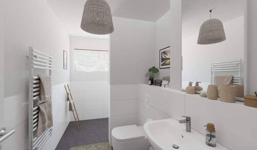 Modern gefliestes Tageslichtbad mit bodengleicher - 3 Zimmer Etagenwohnung in Langen