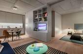 AT_Musterwohnung Suites_Küche Wohnzimmer und Schl - 