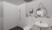 Modern gefliestes Bad mit bodengleicher Dusche - 1 Zimmer Etagenwohnung in Langen
