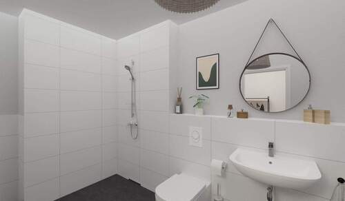 Modern gefliestes Bad mit bodengleicher Dusche - 1 Zimmer Etagenwohnung in Langen