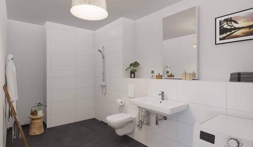Modern gefliestes Bad mit bodengleicher Dusche - 3 Zimmer Etagenwohnung zum Kaufen in Köln-Weidenpesch