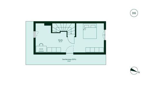 Das Studio bietet viel Raum zur Entfaltung und einen direkten Zugang zur Dachterrasse - 