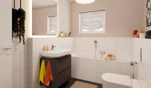 Modernes Tageslichtbad mit bodengleicher Dusche und Badewanne - 