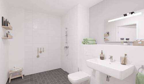 Modern gefliestes Bad mit bodengleicher Dusche - 4 Zimmer Etagenwohnung in Köln-Weidenpesch