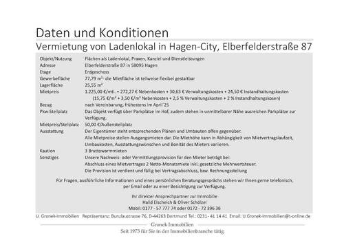 Daten und Konditionen - 4 Zimmer Gewerbeobjekt (Büro, Produktion, Verkauf) zur Miete in Hagen