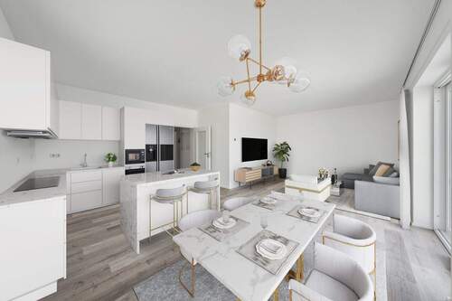 Einrichtungsbeispiel Wohnbereich und Küche - Exklusives Wohnen zentral gelegen: 3 Raum Wohnung mit Balkon - Erstbezug