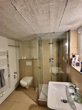 Kleiner Sanitärbereich mit Dusche im Keller integriert - 