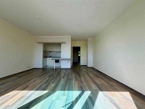 Wohnzimmer mit offener Küche und Balkonzugang - 
