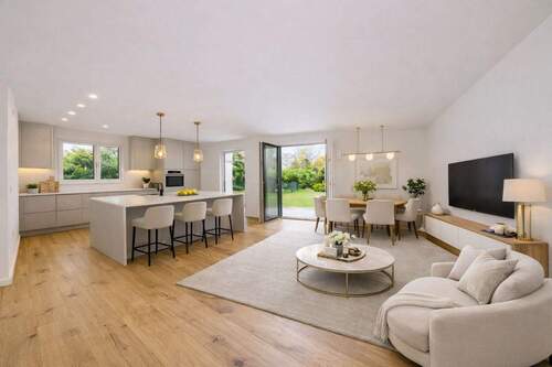 KI Wohnzimmer - Bezugsfrei ! Luxus, Ruhe und ein eigener Garten: Hochwertige Neubau-Erdgeschosswohnung in München