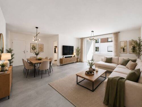 Wohn-/Esszimmer visualisiert - Lichtdurchflutetes Familienglück: 3-Zimmer-Wohnung mit Balkon & Tiefgarage in Iserlohn-Obergrüne
