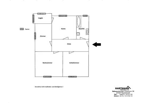 Grundriss - Kleine 2 12-Zimmer-Wohnung mit Loggia und Einbauküche in zentraler Wohnlage von Rudolstadt