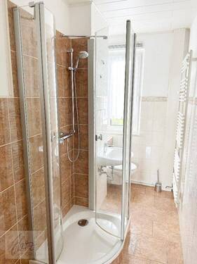 Tageslichtbad mit Dusche, Waschtisch, Toilette und Handtuchheizkörper - 