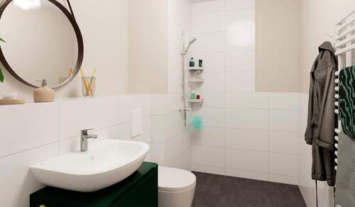 Modernes Badezimmer mit bodengleicher Dusche - Etagenwohnung mit 46,40 m&sup2; in Berlin zum Kaufen
