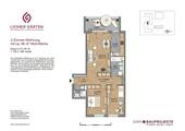 Grundriss mit Wohn- und Essbereich (24,50 m²), Schlafzimmer (14,60 m²), Kinderzimmer (12,60 m²) Küche (7,6 m²), Bad (6,2 m²), Duschbad (3,5 m²), Flur (4,60 m²), Flur mit Abstellbereich (6,6 m²) und Loggia (11,75 m²) - 