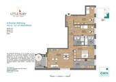 Grundriss mit Wohn- und Essbereich (32,39 m²), Schlafzimmer (17,03 m²) mit angrenzendem Badezimmer mit Badewanne (5,41 m²), zwei Kinderzimmer (16,59 m² und 13,80 m²), offene Küche (12,36 m²), Bad mit Dusche (5,70 m²), Flur (12,45 m²) und Loggia (9,30 m²) - 