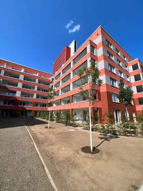 Rückansicht des mehrstöckigen Wohngebäudes mit Loggien und einer rot-grauen Fassadengestaltung. Innenhof mit jungen Bäumen und Sträuchern - 4 Zimmer Etagenwohnung zur Miete in Frankfurt am Main
