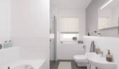 Modernes Tageslichtbad mit bodengleicher Dusche und Badewanne - 