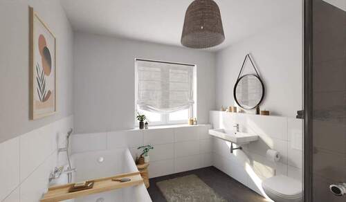 Modern gefliestes Bad mit bodengleicher Dusche und Badewanne - 4 Zimmer Reihenmittelhaus in Heiligenhaus