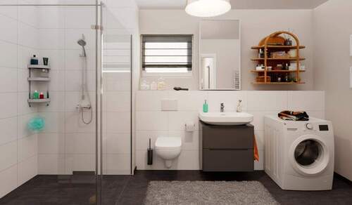 Badezimmer mit bodengleicher Dusche und Duschtrenn - 