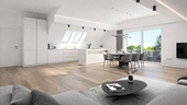 Wohn- & Essbereich mit offener Küche visualisiert - Penthouse-Feeling im Märchenviertel: Exklusive Neubau-Dachgeschosswohnung