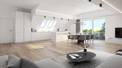 Wohn- & Essbereich mit offener Küche visualisiert - Penthouse-Feeling im Märchenviertel: Exklusive Neubau-Dachgeschosswohnung