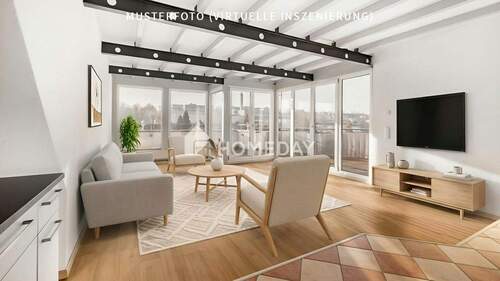 Wohnzimmer 1-Musterfoto (virtuelle Inszenierung)6 (1) - Lichtdurchflutete 3-Zimmer-Dachgeschosswohnung mit Dachterrasse und Blick in grüne Weite