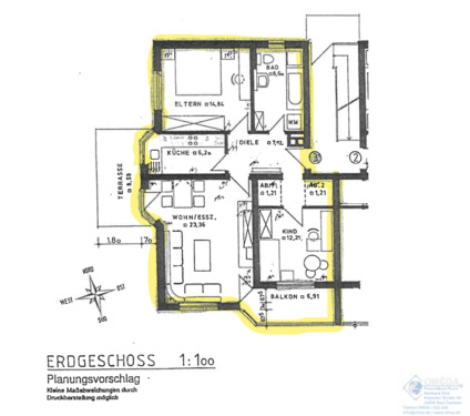 Grundriss - 3 Zi-Erdgeschoss mit Terrasse und Balkon