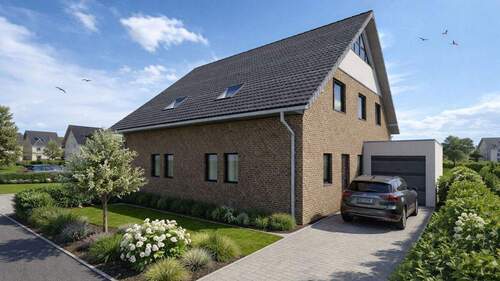 Visualisierung - Außenansicht - Doppelhaushälfte im Rhein-Lippe-Quartier Voerde: Klinker oder Putzfassade ganz nach Ihrem Geschmack