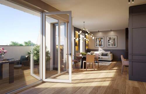 Visualisierung Loggia, Wohnen, Essen, Kochen, Arbeiten - NEUBAUPROJEKT LANGE 30 - Helle Dachgeschosswohnung mit offenem Wohnkonzept und Blick über die Stadt