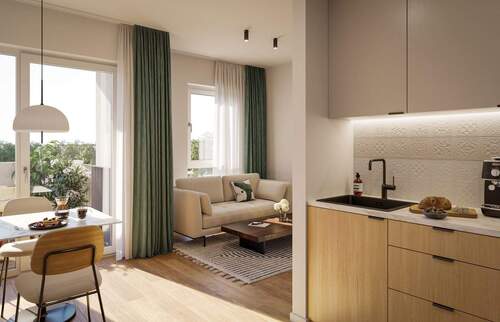 Visualisierung Wohnen, Essen, Kochen - NEUBAUPROJEKT LANGE 30 - Lichtdurchflutete 2-Raum-Wohnung mit Loggia und stilvollem Wohnambiente