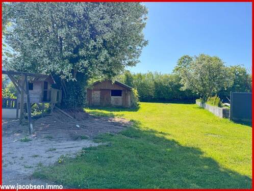 Gartenansicht mit Holzhaus - 