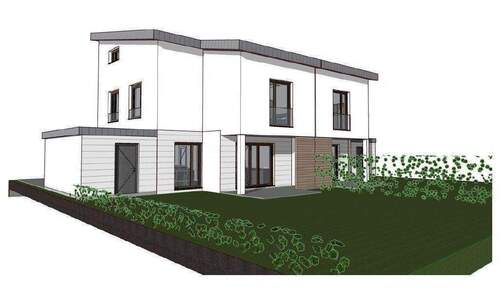 Gartenansicht - Baubeginn Sommer 2026 - durch Umplanung zwei weitere A+ Doppelhaushälften - sehr attraktive Architektur