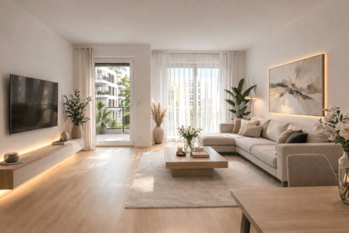 Wohnzimmer - Exklusive 3-Zimmer-Wohnung mit SüdWest-Balkon, EBK, 2 Bädern & Tiefgarage in München-Nymphenburg