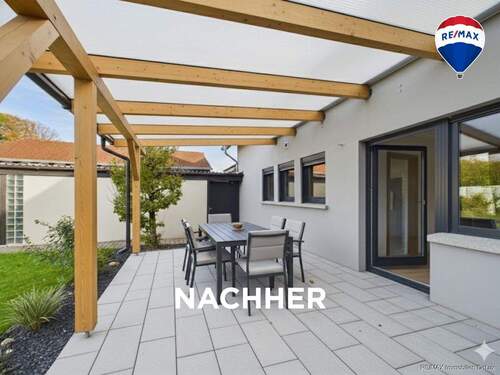 RE/MAX Immobilien DeLux Soppelhaushälfte Mettlach Terrasse nachher - 