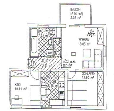 Grundriss - 3-Raumwohnung in ruhiger Lage - 570,00 EUR Kaltmiete, ca.  65,30 m² Wohnfläche